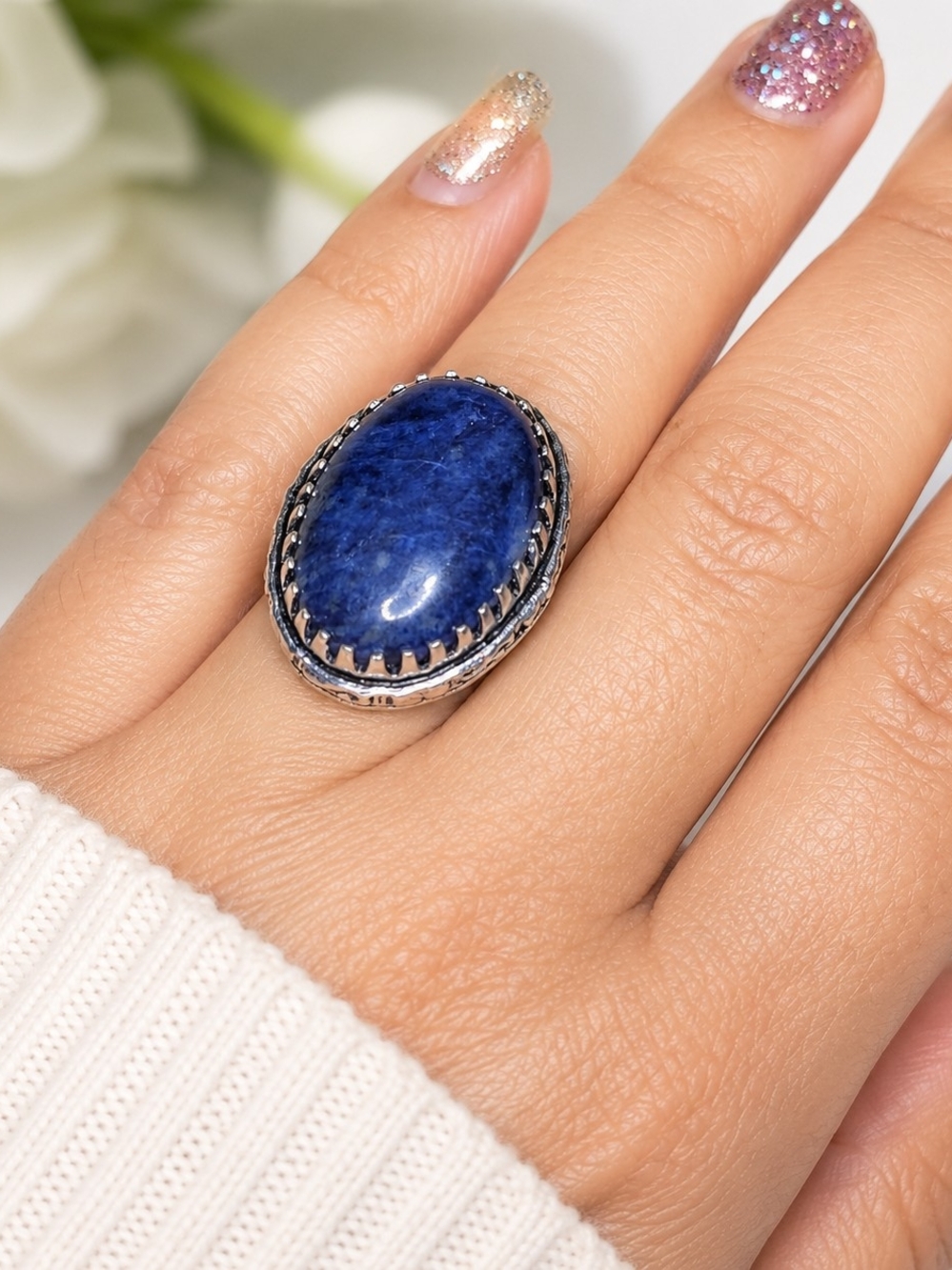 925 Sterling Silver Blue Stone Ring Size 6 Oval Cabochon Statement Ring